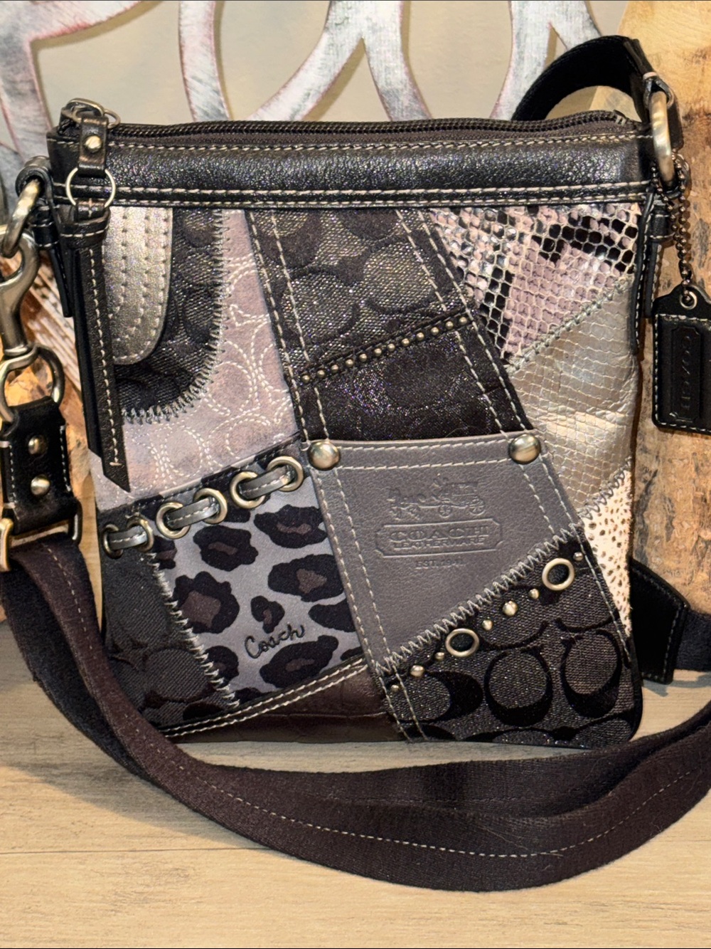 Coach Patchwork Signature Messenger Bag in Brown and Taupe